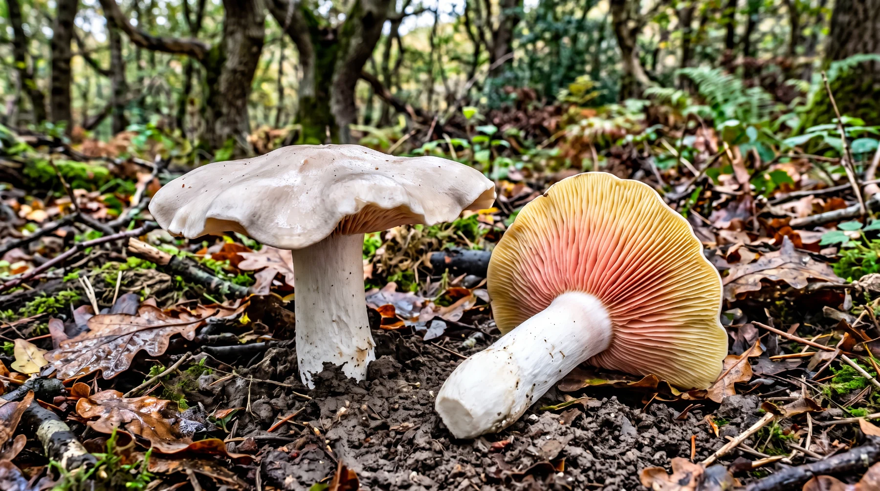 Deux entolomes livides sous des chênes, l'un debout au chapeau gris beige, l'autre renversé montrant ses lames jaunâtres devenues rose saumon