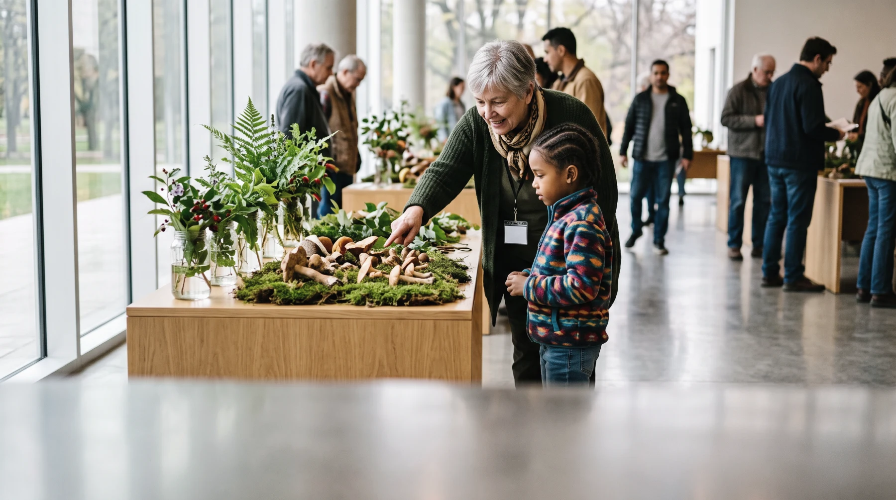 Exposition mycologique et botanique dans un hall vitré : une bénévole montre un champignon à un enfant, tables de champignons sur mousse et plantes en bocaux