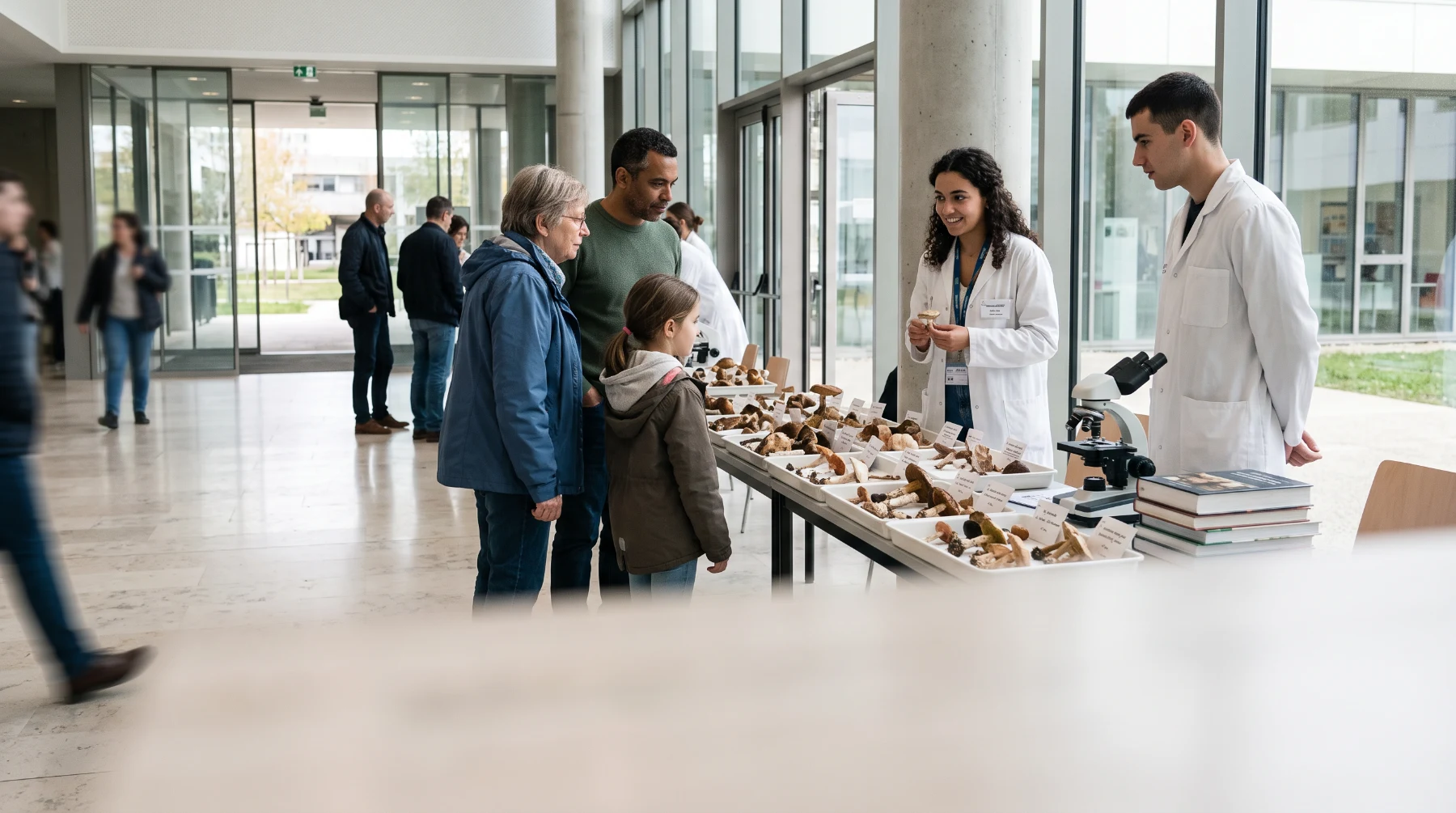 Deux étudiants en pharmacie en blouse blanche présentent des champignons sauvages posés sur des plateaux à des visiteurs, dans le hall vitré d'une faculté