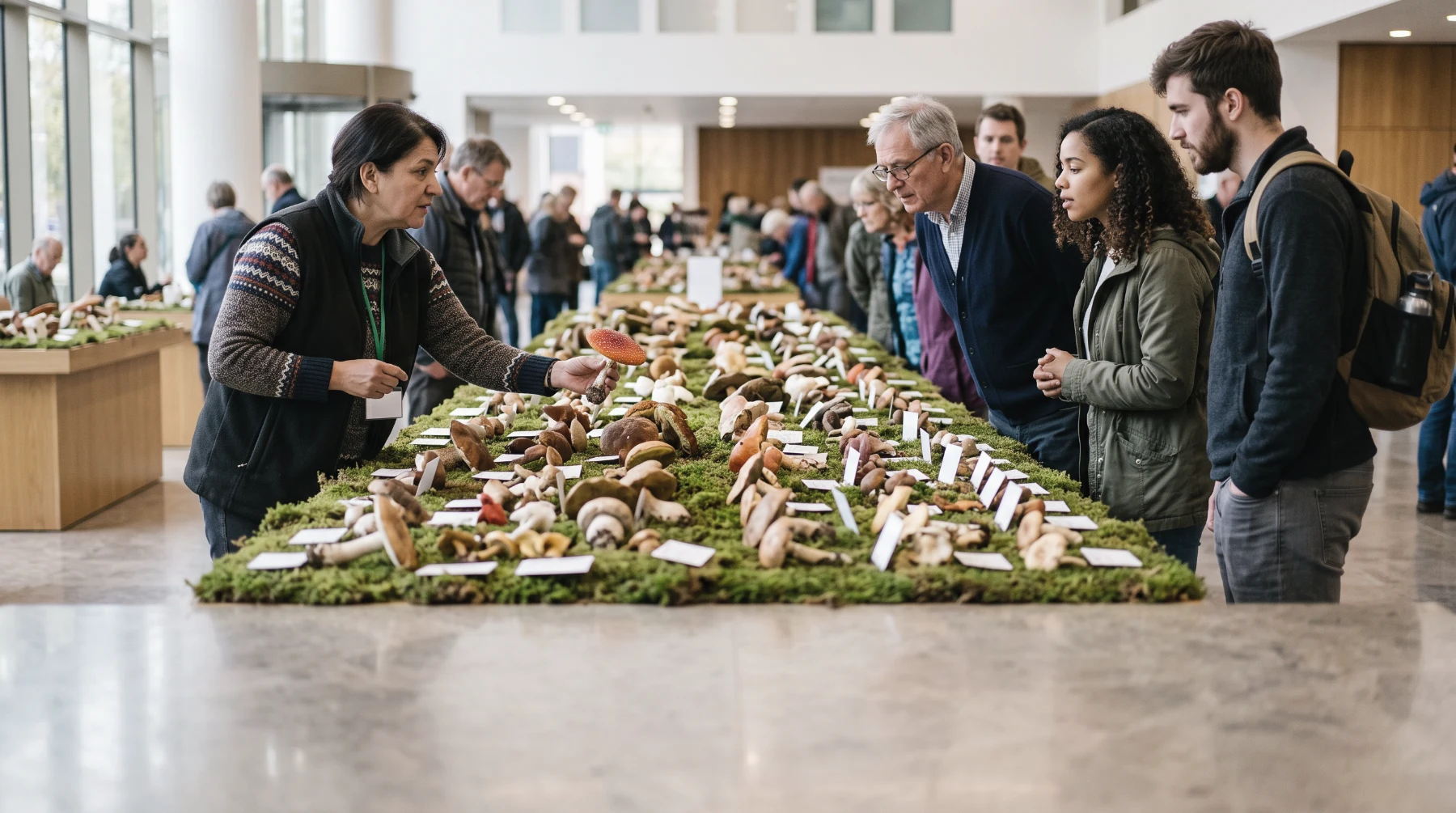 Exposition mycologique dans un hall civique : longues tables couvertes de mousse et de champignons étiquetés, visiteurs penchés dessus