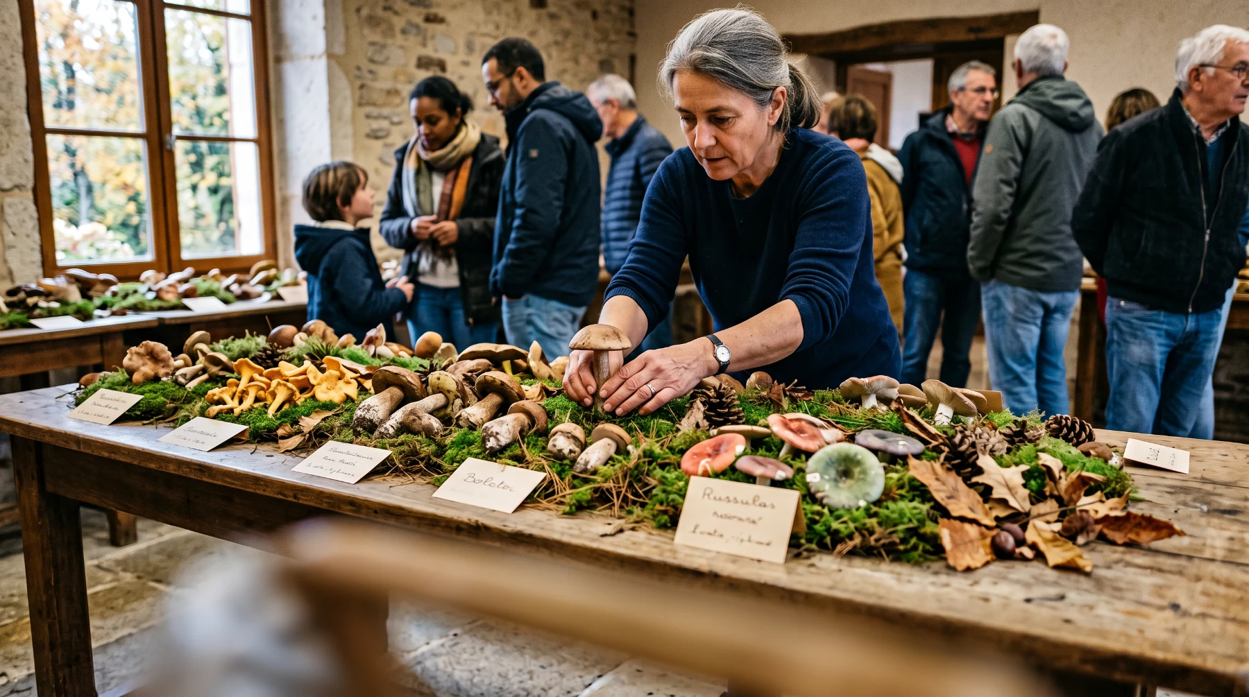 Mains d'un bénévole disposant des champignons sauvages sur un lit de mousse, entre des pommes de pin et des feuilles de châtaignier, sur la table d'une exposition mycologique