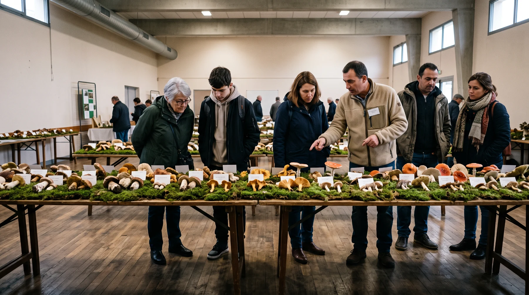 Visiteurs de tous âges penchés sur les tables d'une exposition mycologique dans une salle municipale, des dizaines d'espèces posées sur de la mousse
