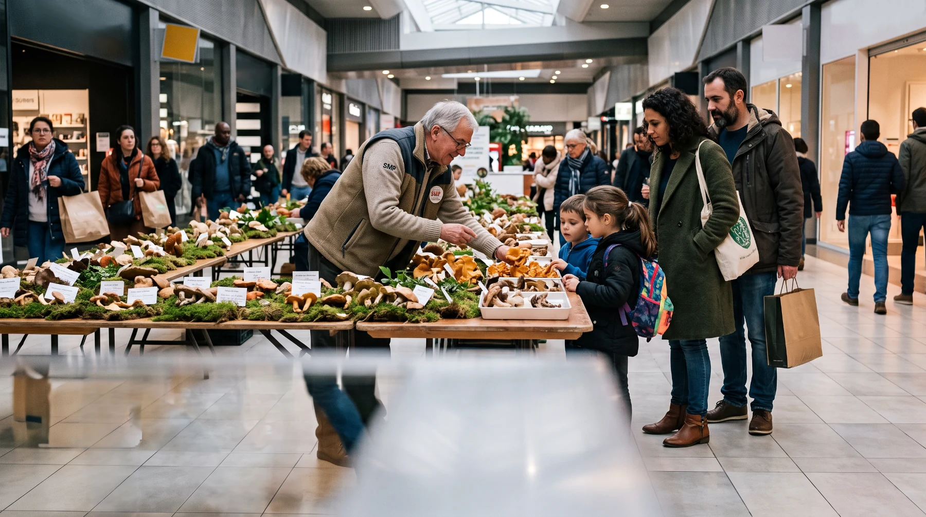 Stand d'exposition mycologique installé dans la galerie d'un centre commercial, une famille s'arrête devant les champignons pendant que des passants circulent