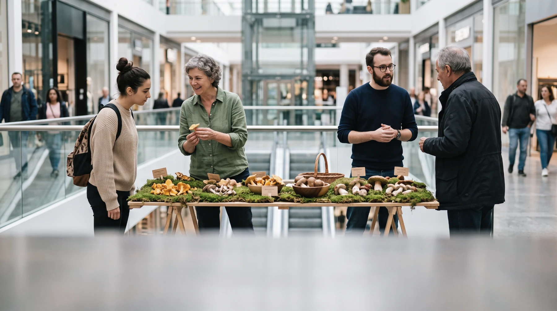 Exposition mycologique installée dans la galerie d'un centre commercial : table de champignons sur mousse et bénévoles qui échangent avec les passants