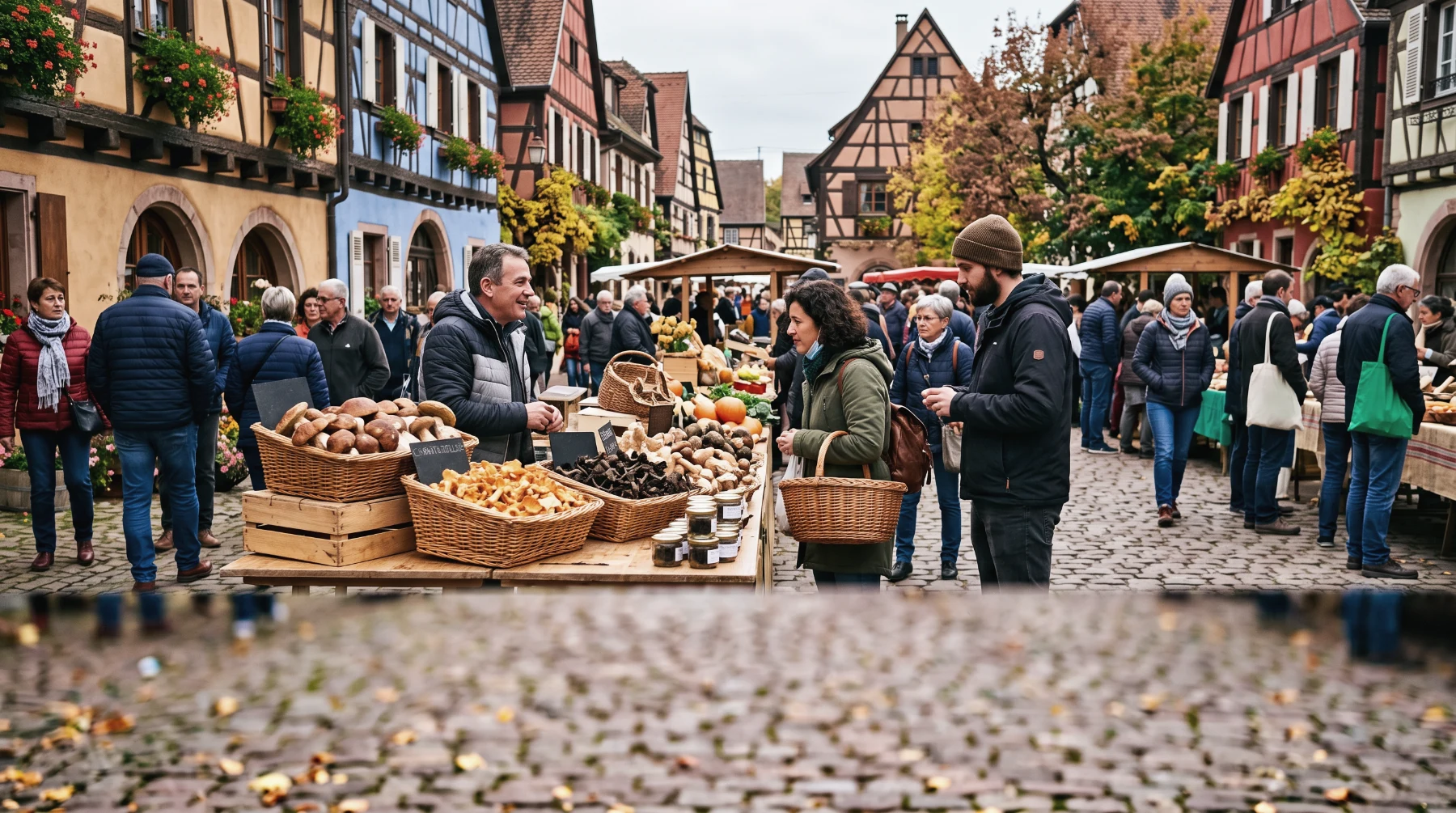 Marché aux champignons d'automne sur une place d'Eguisheim, maisons à colombages et paniers de cèpes