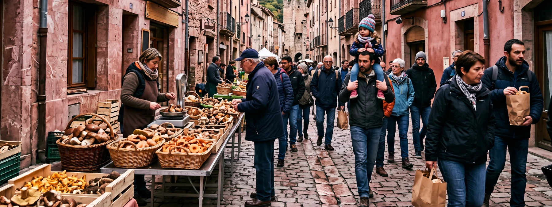 Marché aux champignons dans la rue principale de Villefranche-de-Conflent, entre les façades de marbre rose, avec des paniers de cèpes et de lactaires sur un étal et une tour des remparts au fond
