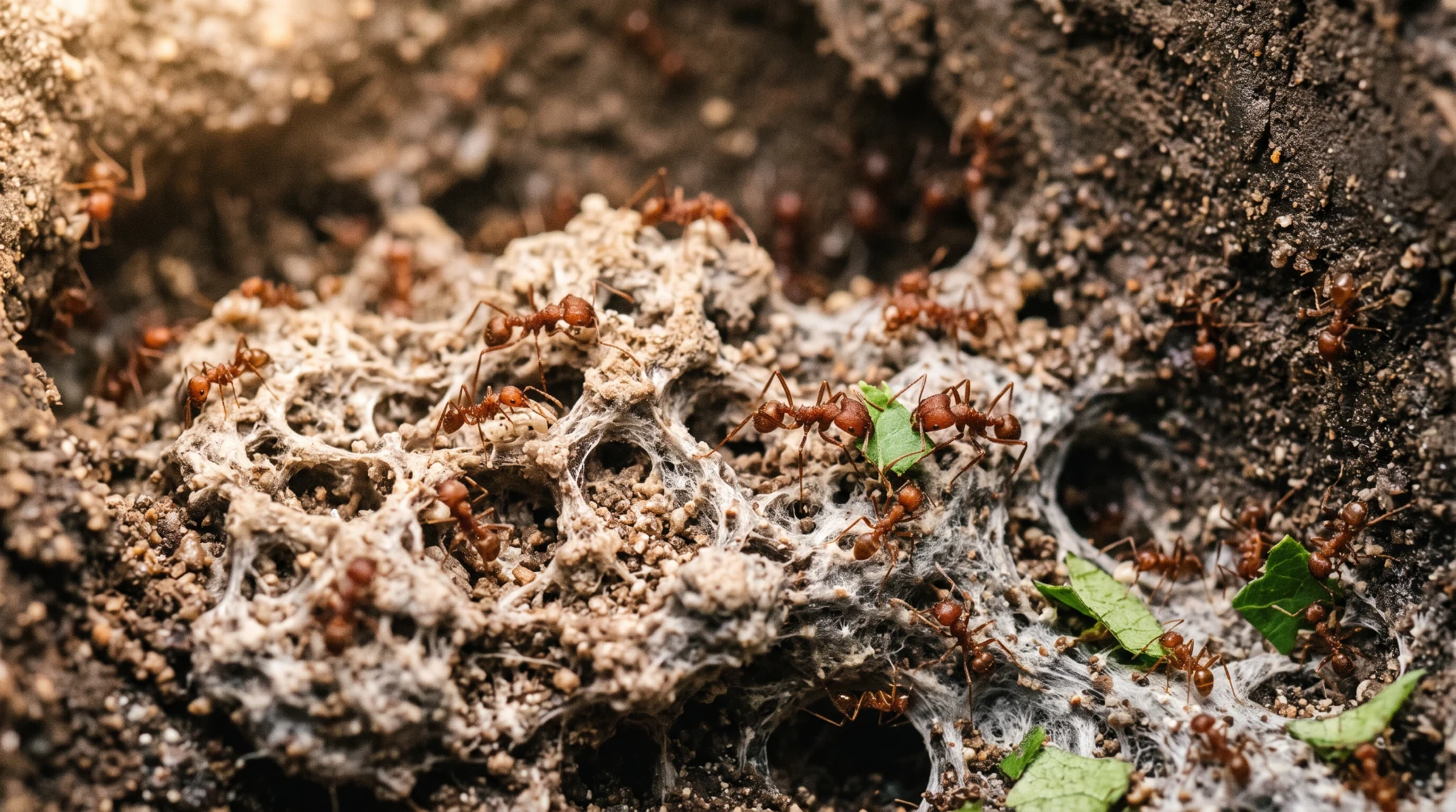 Jardin à champignon d'un nid de fourmis coupeuses de feuilles : éponge grise de mycélium entretenue par des ouvrières de plusieurs tailles