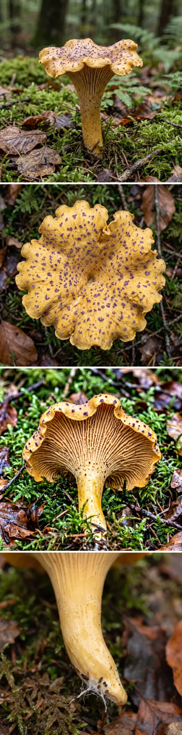 Quatre vues de la girolle améthyste : le champignon entier debout dans la mousse, le chapeau vu de dessus avec ses squames violettes, le dessous montrant les plis épais et fourchus, et la base du pied dégagée, pleine et effilée, sans anneau ni volve