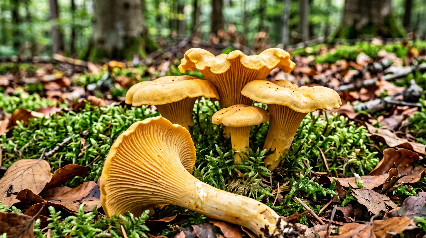 Girolles jaune d'œuf dans la mousse, celle du premier plan retournée montrant ses plis épais et fourchus qui descendent sur le pied