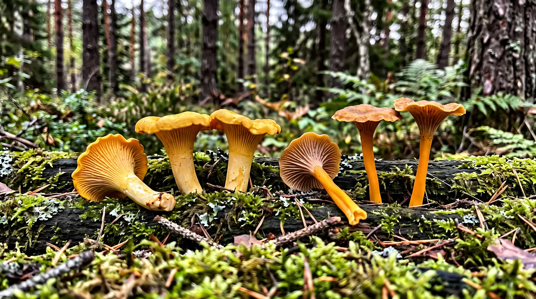 Girolles dorées à gauche et chanterelles jaunissantes à pied orangé à droite, posées sur un tronc moussu