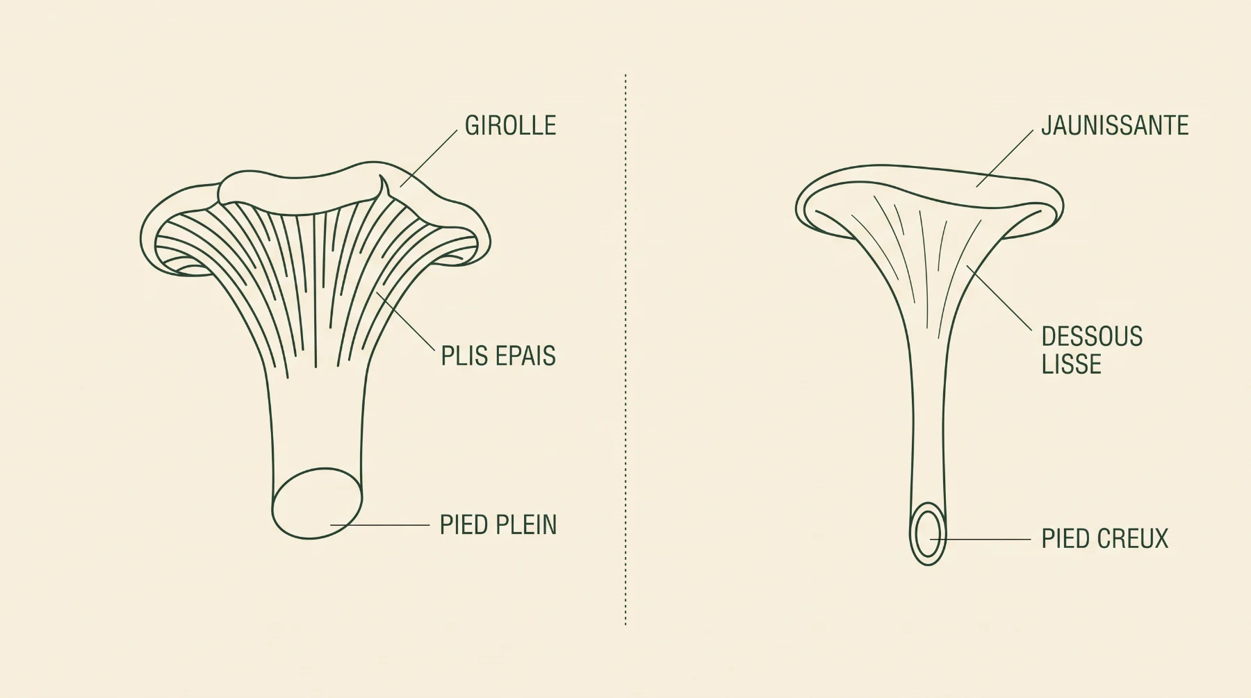 Schéma comparant les plis épais et le pied plein de la girolle au dessous lisse et au pied creux de la chanterelle jaunissante