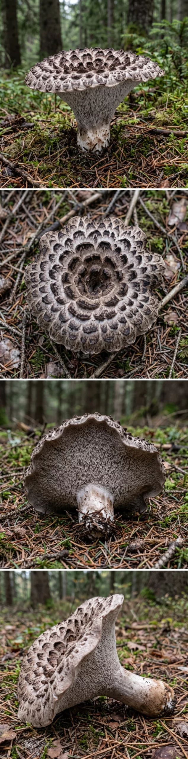 Quatre vues de l'hydne imbriqué : le champignon entier debout sous les épicéas, le chapeau vu de dessus avec ses grosses écailles brun foncé en cercles, le dessous montrant les aiguillons gris cendré serrés, et le pied déterré montrant sa base blanchâtre sans volve ni anneau