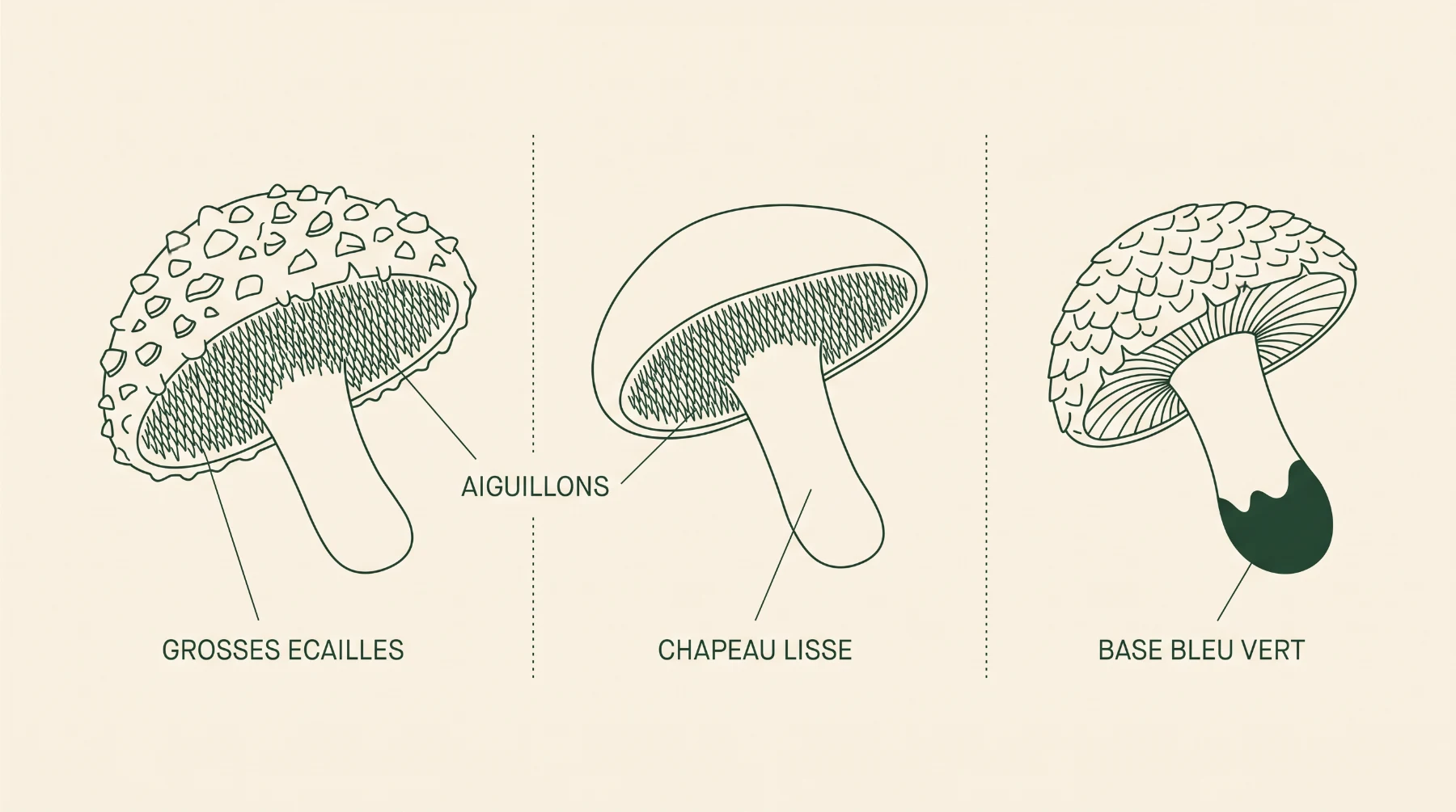 Schéma comparant trois champignons à aiguillons : grosses écailles pour l'hydne imbriqué, chapeau lisse pour le pied-de-mouton, base bleu vert pour l'hydne rude