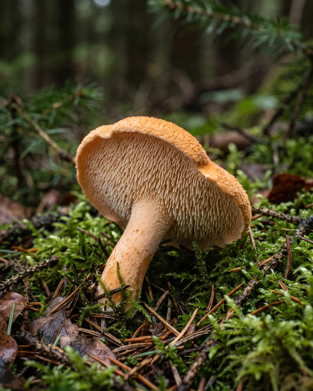 Hydne roussissant, petit chapeau orangé et aiguillons crème sous le chapeau