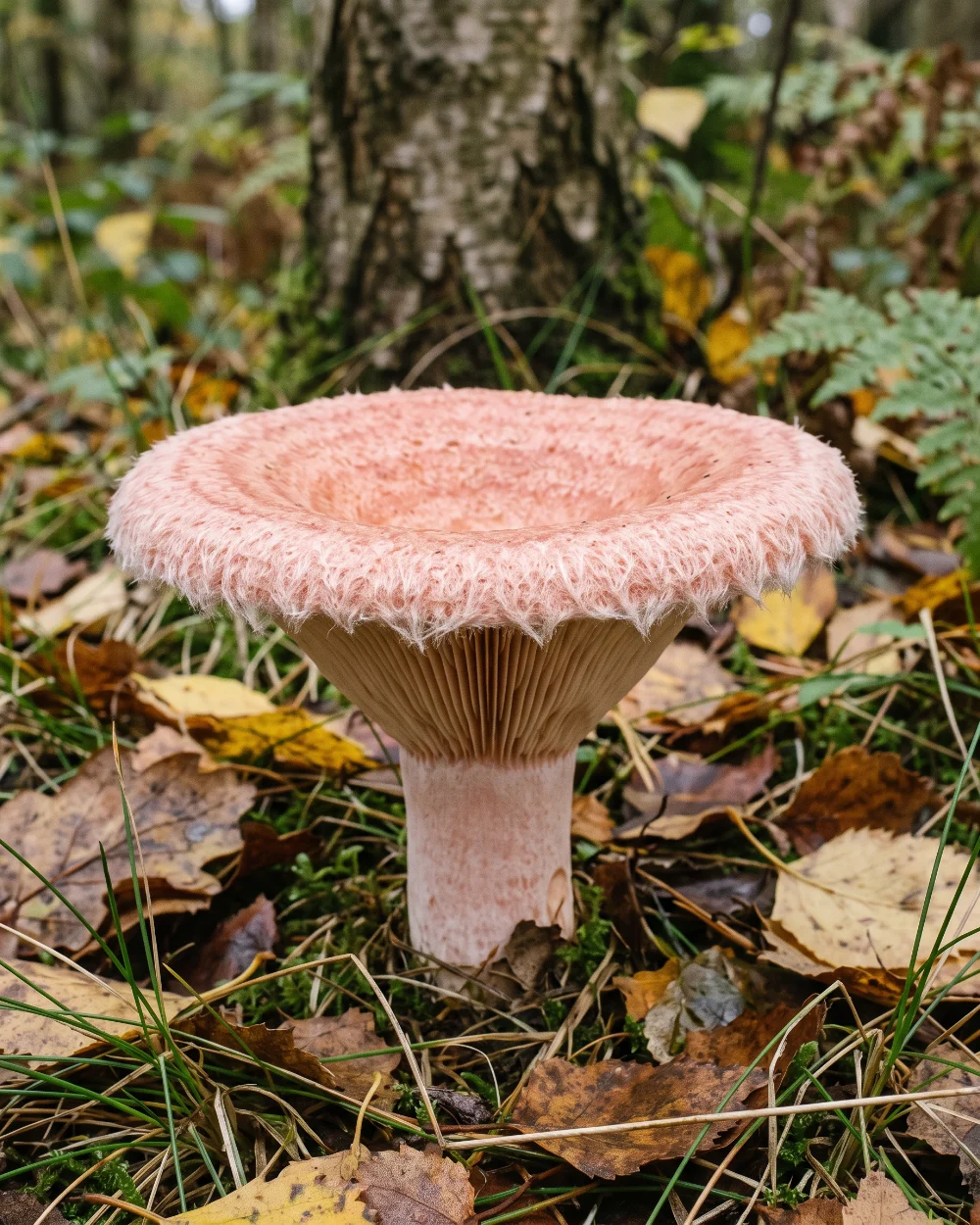 Lactaire toisonné, chapeau rose zoné à marge enroulée cotonneuse, sous bouleau