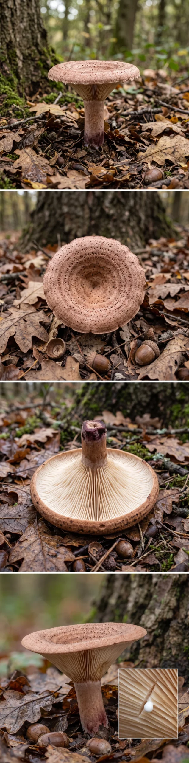 Quatre vues du lactaire tranquille : le champignon entier sous un chêne, le chapeau zoné vu de dessus, les lames crème du dessous et la goutte de lait blanc sur une lame cassée