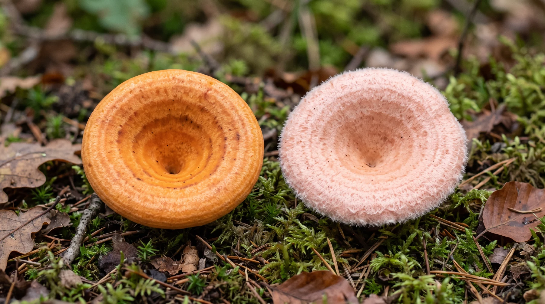 Lactaire délicieux orangé à marge lisse et lactaire toisonné rose à marge finement duveteuse