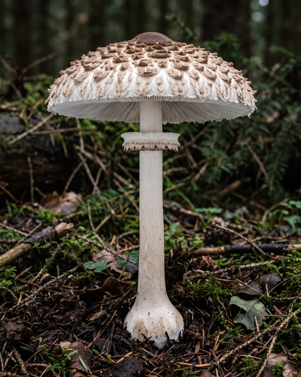 Lépiote déguenillée, chapeau à grosses écailles retroussées et pied lisse bulbeux