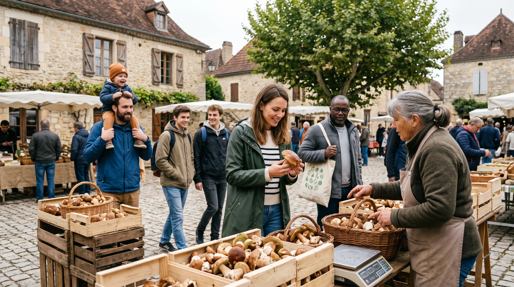 Marché aux cèpes de Saint-Saud-Lacoussière : visiteurs autour des cageots de cèpes sur la place du village