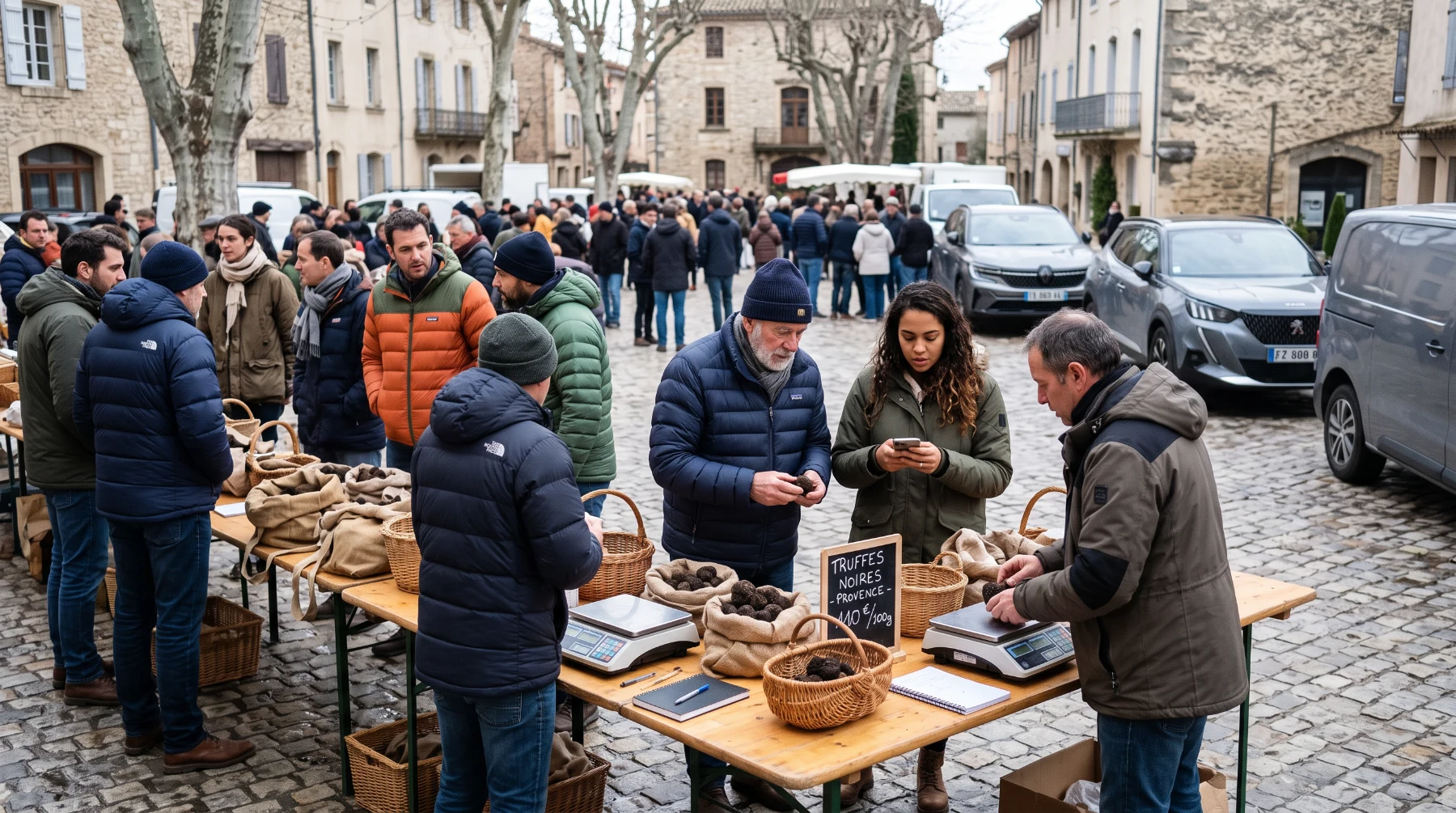 Marché aux truffes de Carpentras un vendredi matin, sacs de toile et balances sur les tables