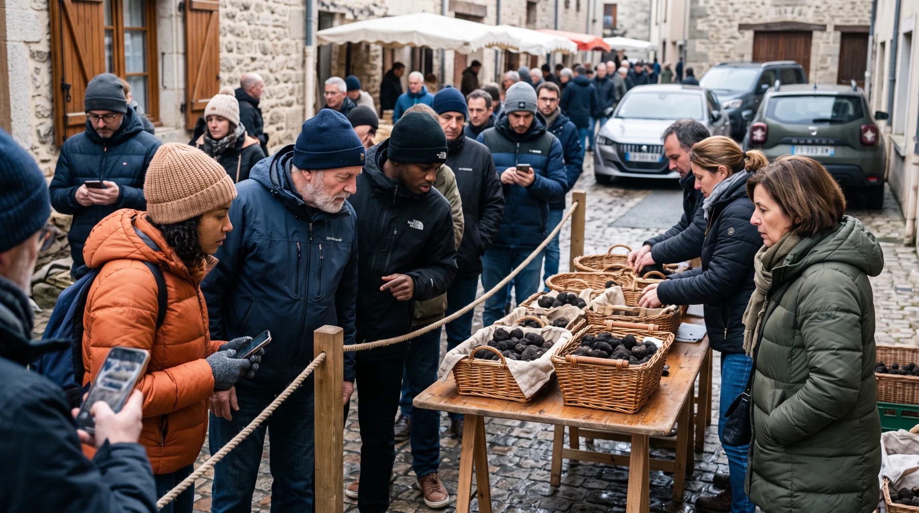 Marché aux truffes de Lalbenque, acheteurs autour des paniers de truffes noires un mardi d'hiver