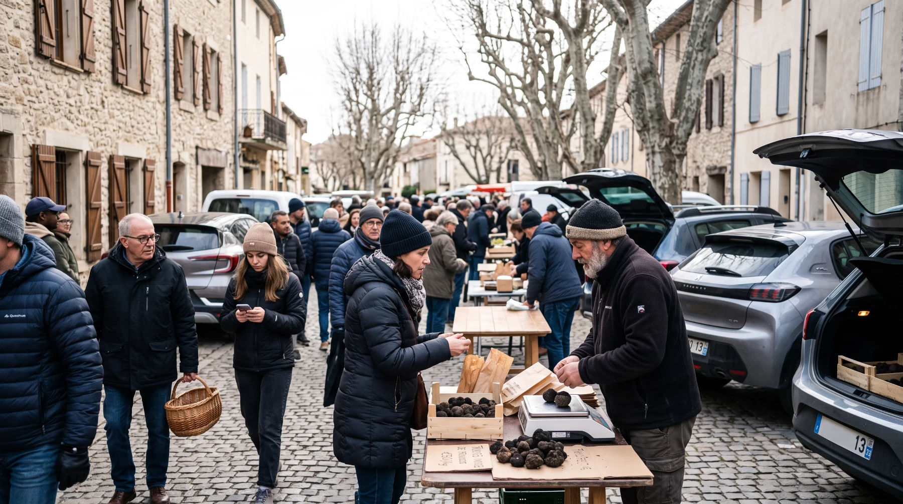 Marché aux truffes de Richerenches un samedi matin, cagettes de truffes et balances sur le Cours du Mistral