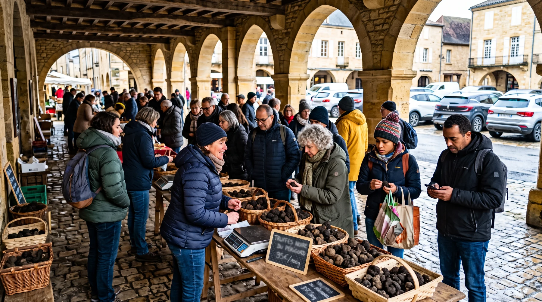 Marché aux truffes de Sarlat sous les arcades, acheteurs et producteurs autour des tables