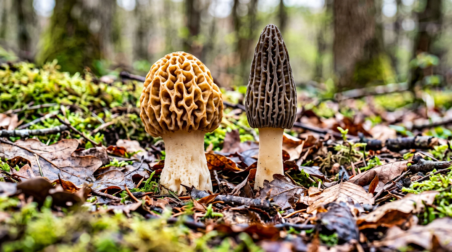 Morille comestible blonde au chapeau rond et alvéoles en désordre à côté d’une morille élevée sombre au chapeau pointu et aux côtes verticales