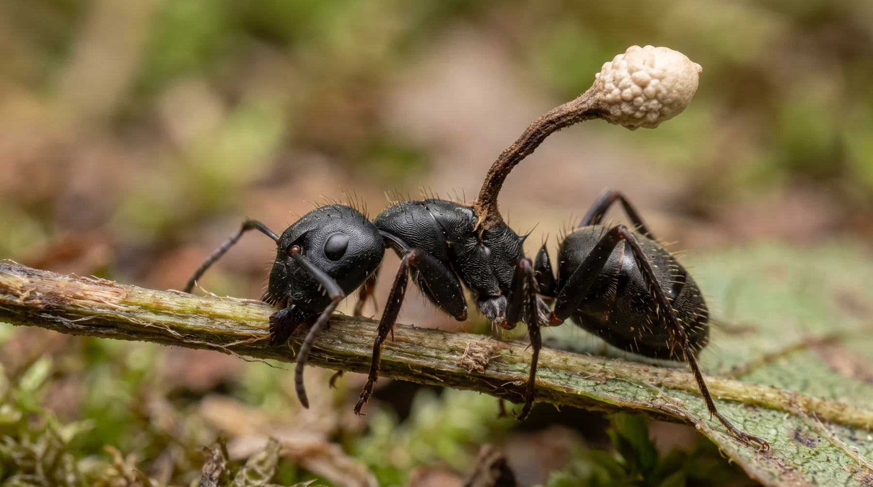 Gros plan sur une fourmi charpentière morte, mandibules bloquées, avec la tige du champignon Ophiocordyceps sortant de sa tête