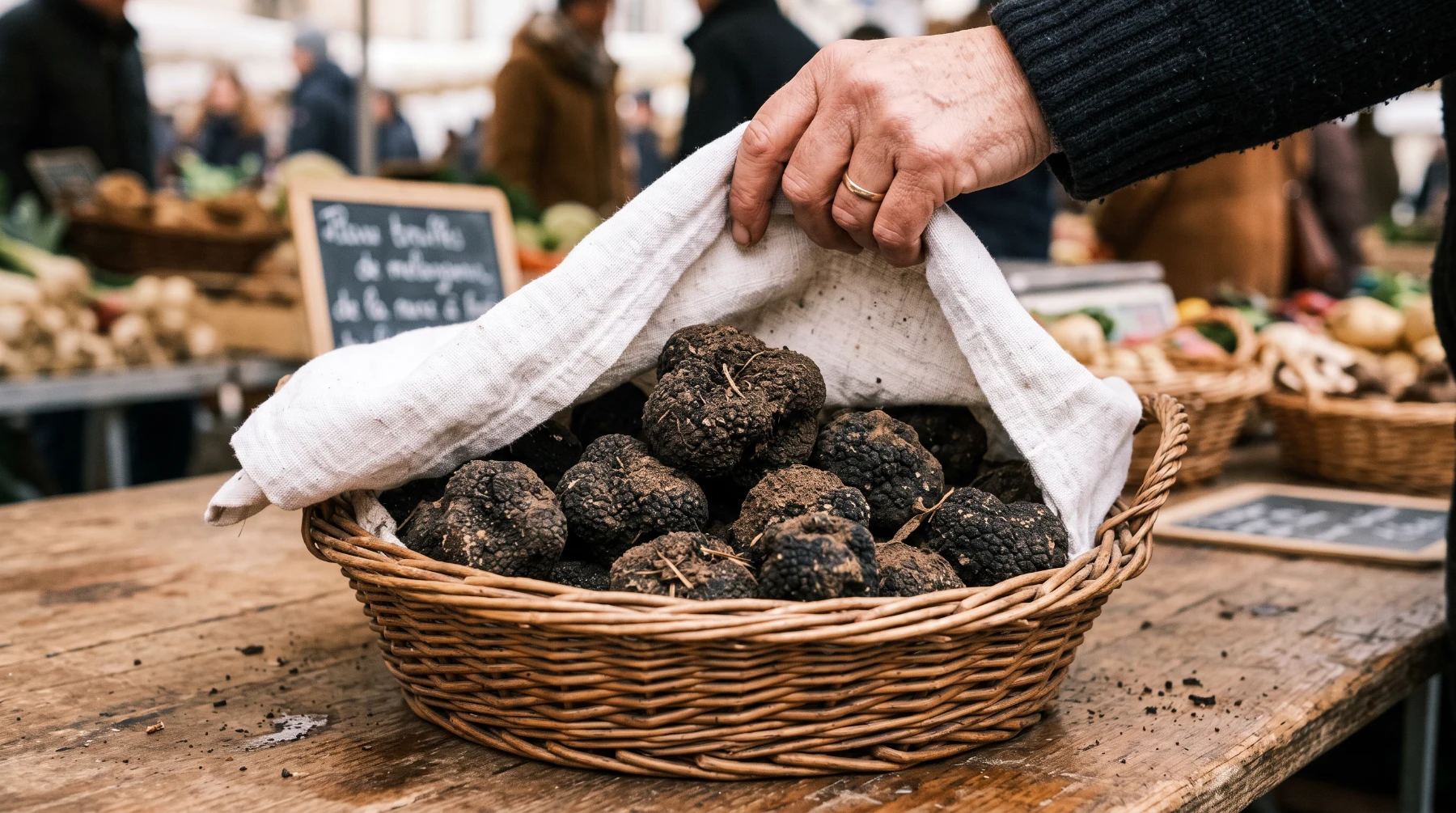 Panier d'osier rempli de truffes noires fraîches dont on soulève le linge blanc