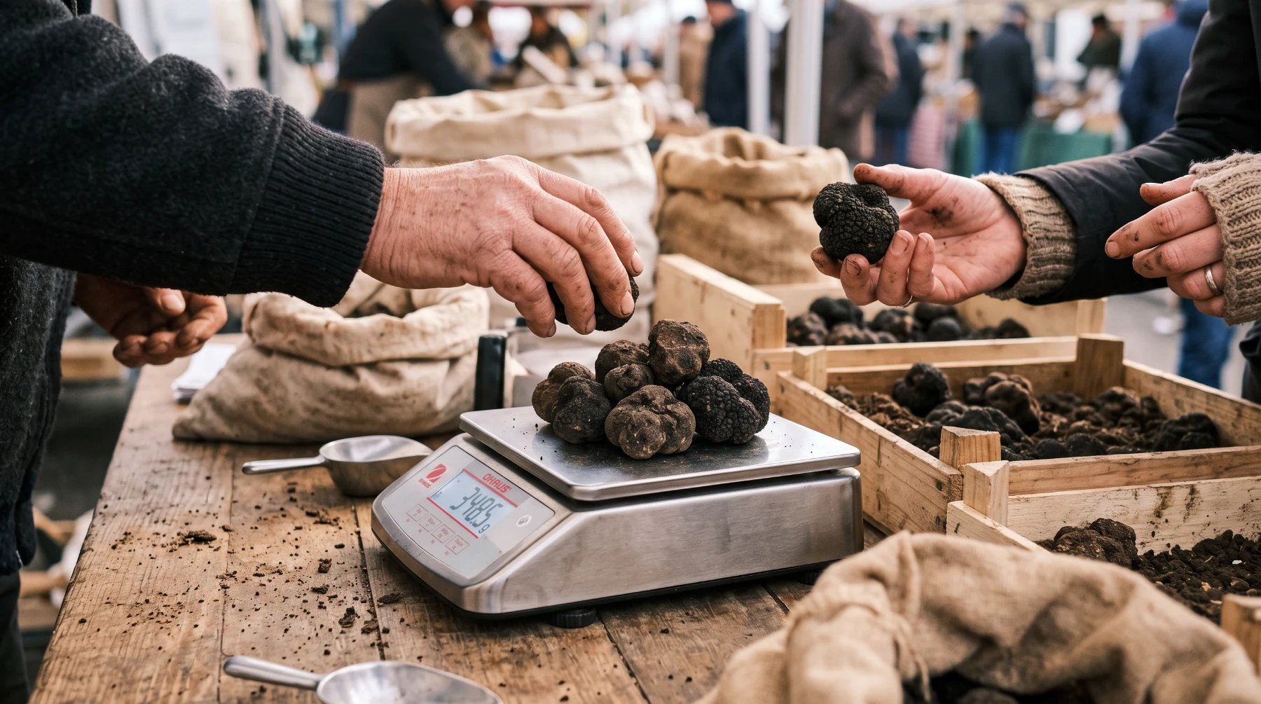 Truffes noires pesées sur une balance électronique posée sur une table de marché