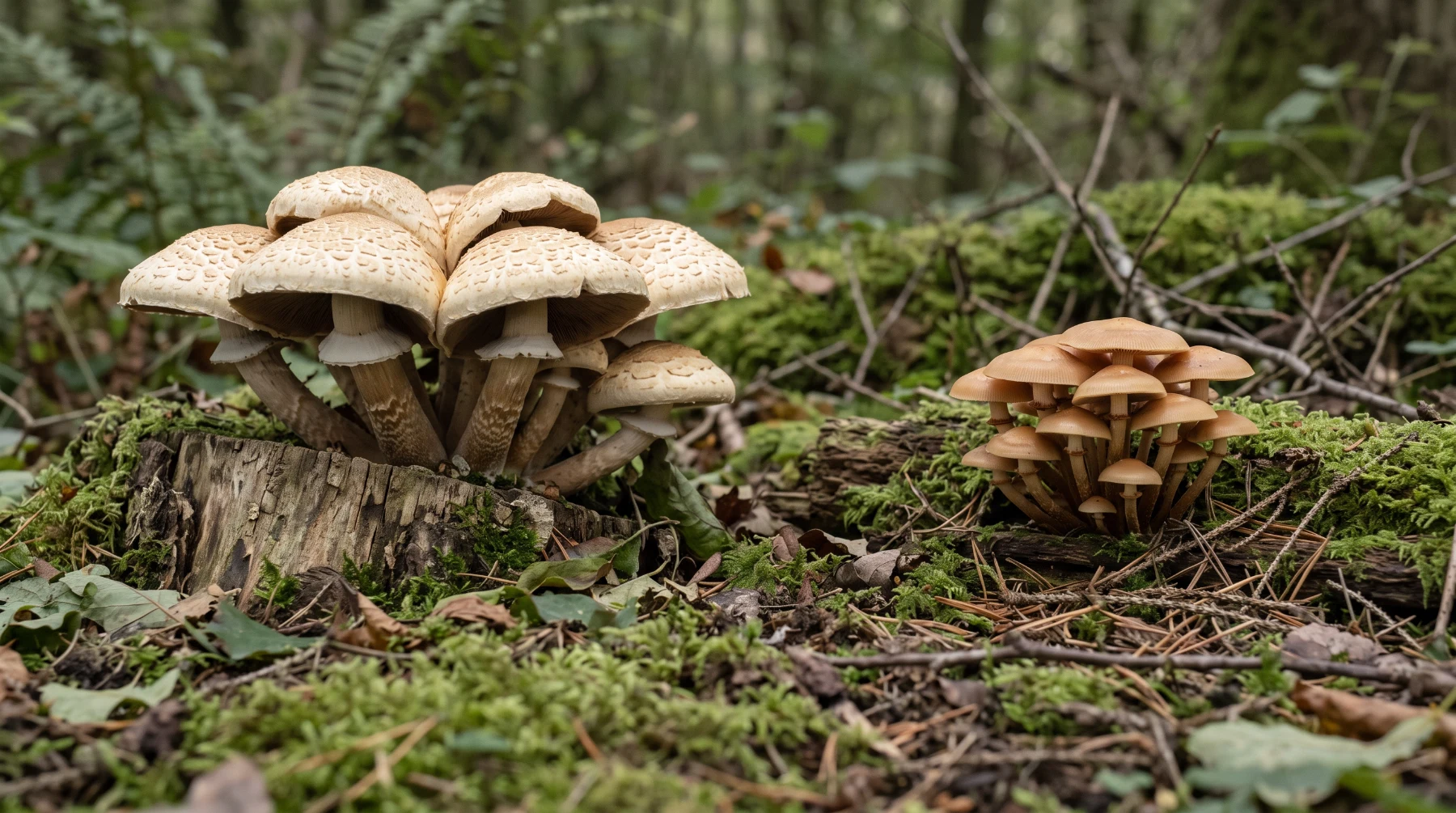 Pholiote du peuplier en touffe trapue sur une souche de peuplier à gauche, et galérine marginée, petite et grêle, sur du bois de conifère pourri à droite