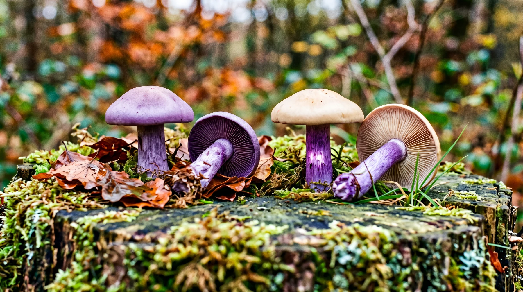 Pieds bleus entièrement violets à gauche et pieds violets à chapeau beige et pied améthyste à droite, sur une souche moussue