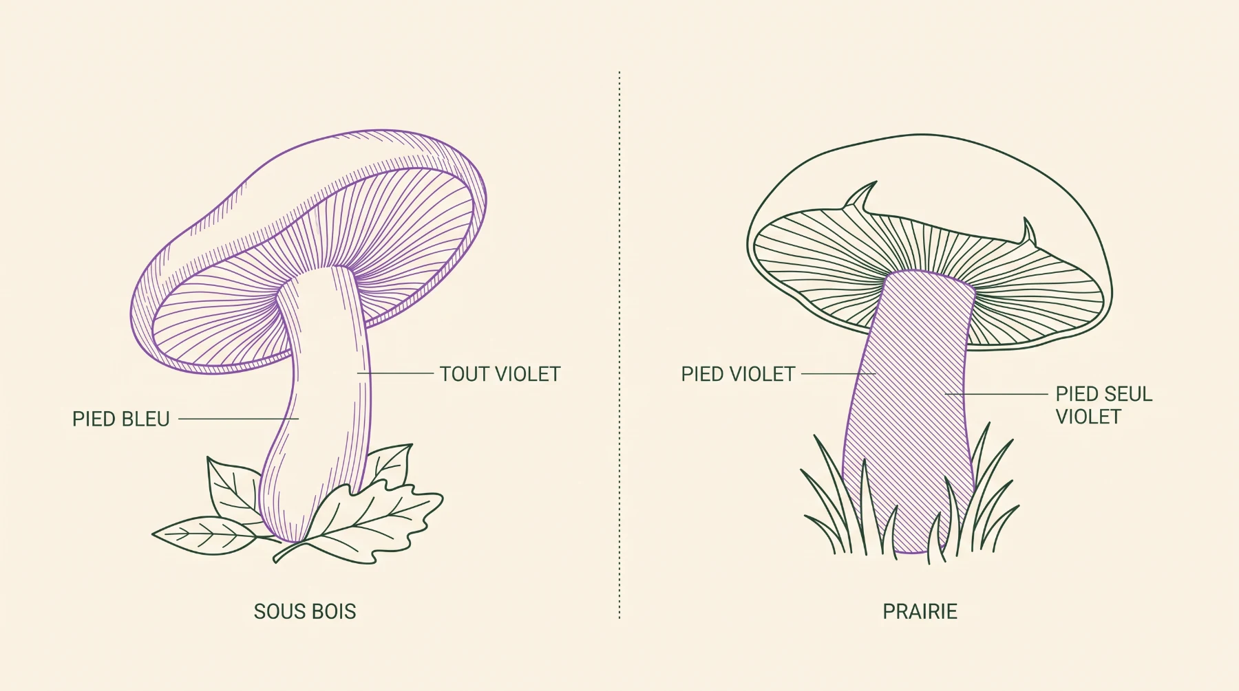 Schéma comparant le pied bleu, violet partout et poussant en sous-bois, au pied violet, au pied seul coloré et poussant en prairie