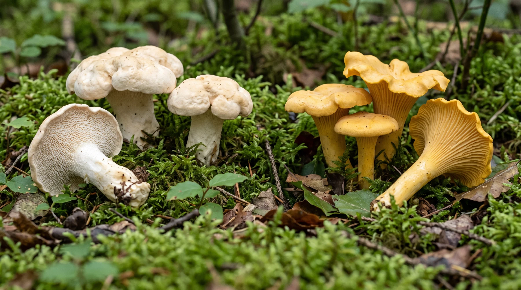 Pieds-de-mouton crème à gauche et girolles jaune d'œuf à droite sur un tapis de mousse