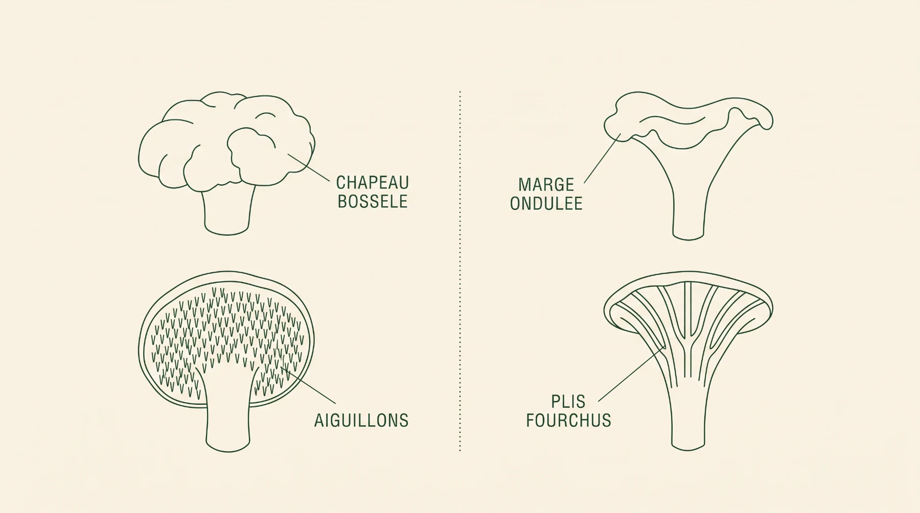 Schéma comparant les aiguillons et le chapeau bosselé du pied-de-mouton aux plis fourchus et à la marge ondulée de la girolle