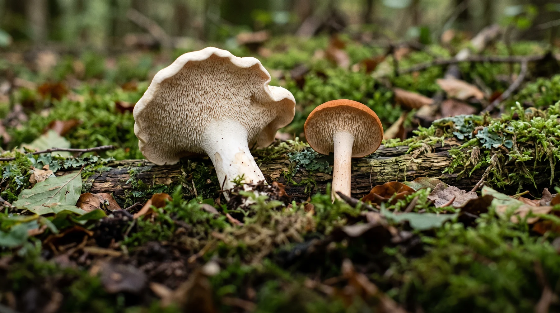 Grand pied-de-mouton crème au chapeau bosselé et aiguillons visibles dessous, à côté d'un petit hydne roussissant orange, sur un tronc moussu en forêt