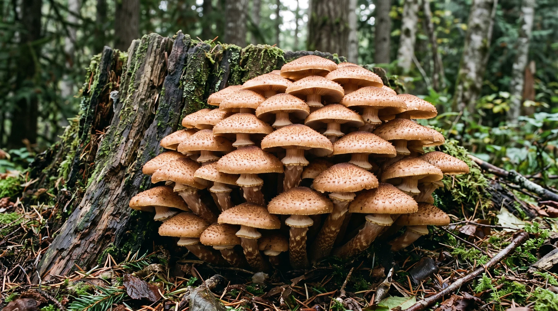 Touffe dense d’armillaires couleur de miel, chapeaux finement écailleux, au pied d’une souche de conifère