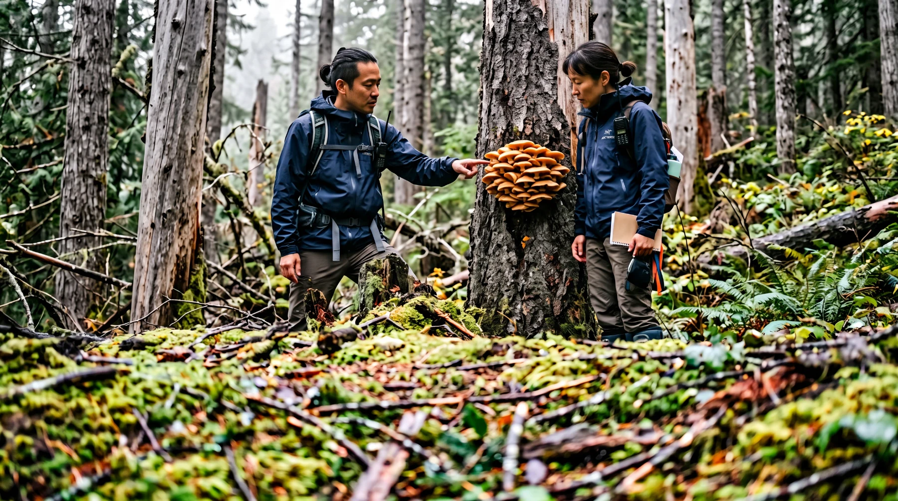 Deux personnes observent une grosse touffe de champignons couleur de miel poussant sur un tronc de conifère mort, en forêt de montagne