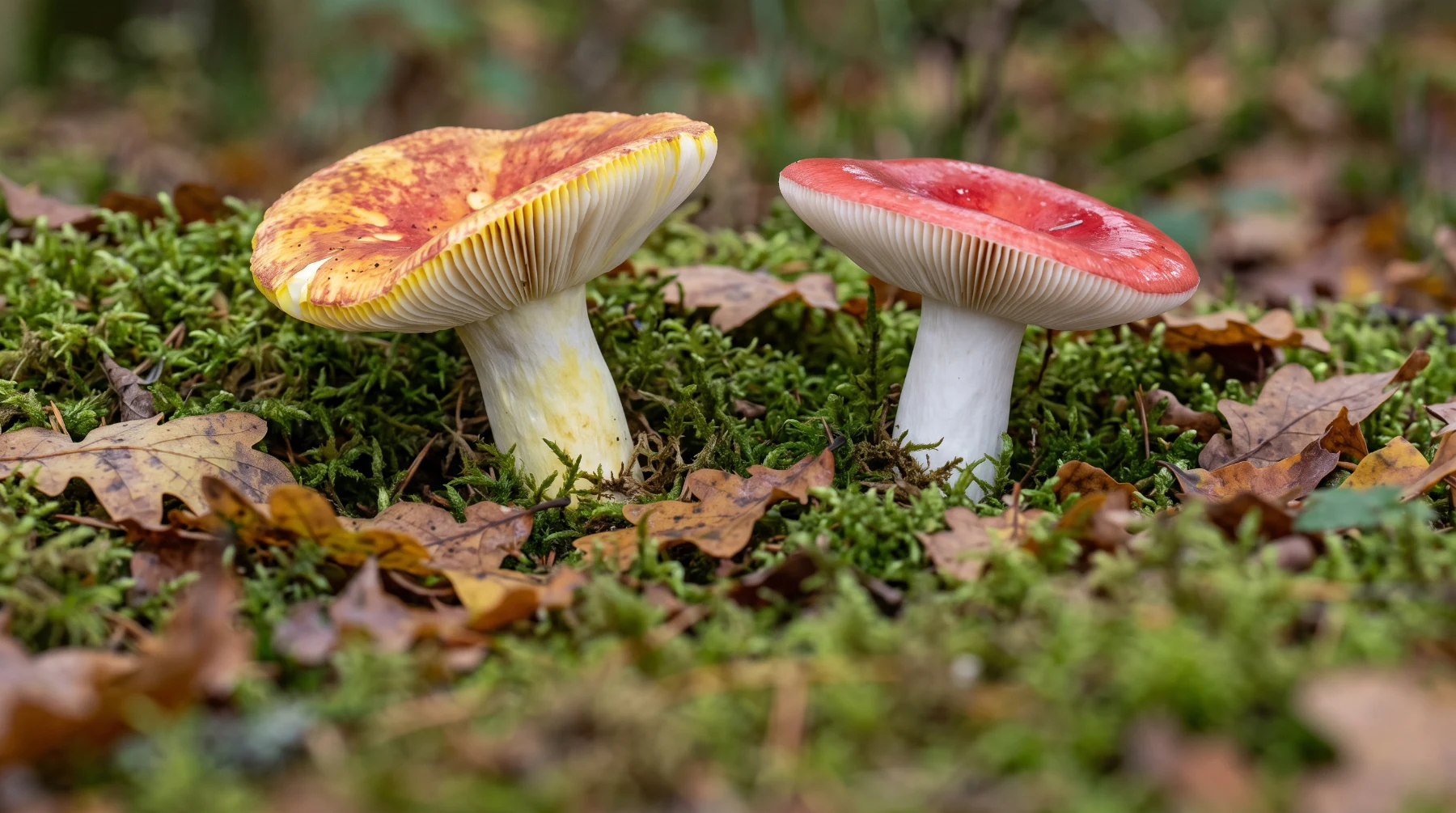 Russule dorée à gauche, chapeau doré et rouge et arête des lames jaune, et russule émétique à droite, chapeau rouge cerise et lames blanches, côte à côte dans la mousse