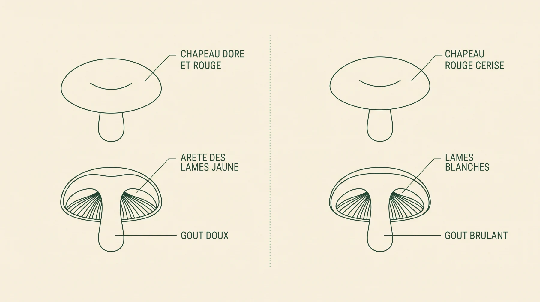 Schéma comparant la russule dorée et la russule émétique : chapeau, arête des lames et saveur