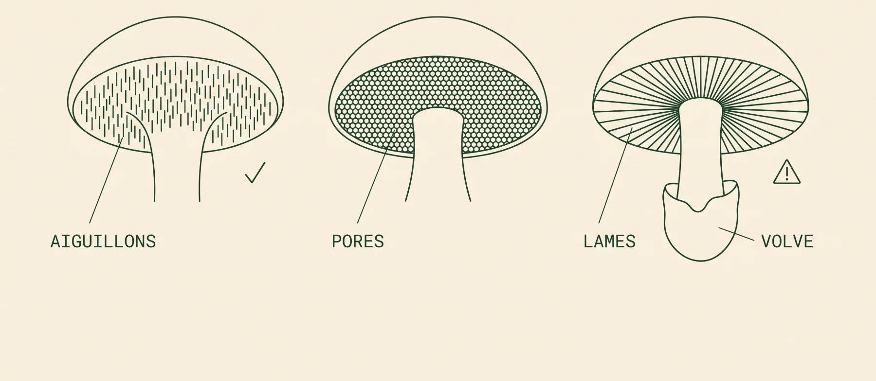 Schéma : dessous du chapeau à aiguillons, à pores, ou à lames avec volve à la base du pied