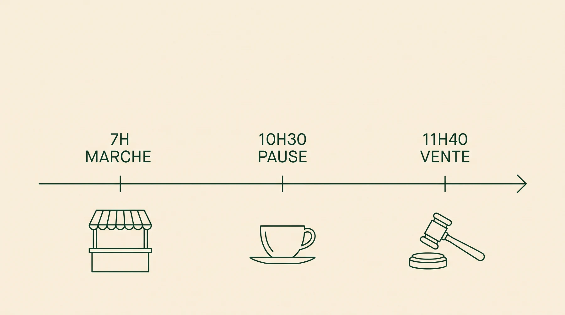Déroulé du dimanche à Uzès : marché à 7h, pause à 10h30, vente aux enchères à 11h40