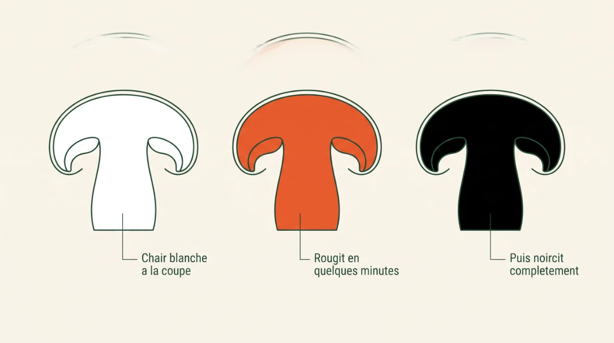 Chair de la russule noircissante blanche, puis rouge orangé, puis noire