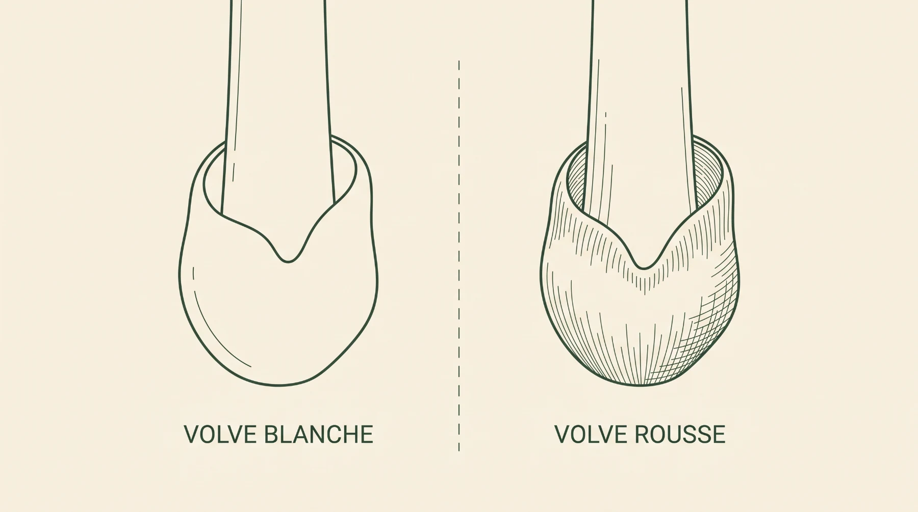 Volve blanche de l'amanite ovoïde comparée à la volve rousse de l'amanite proxima