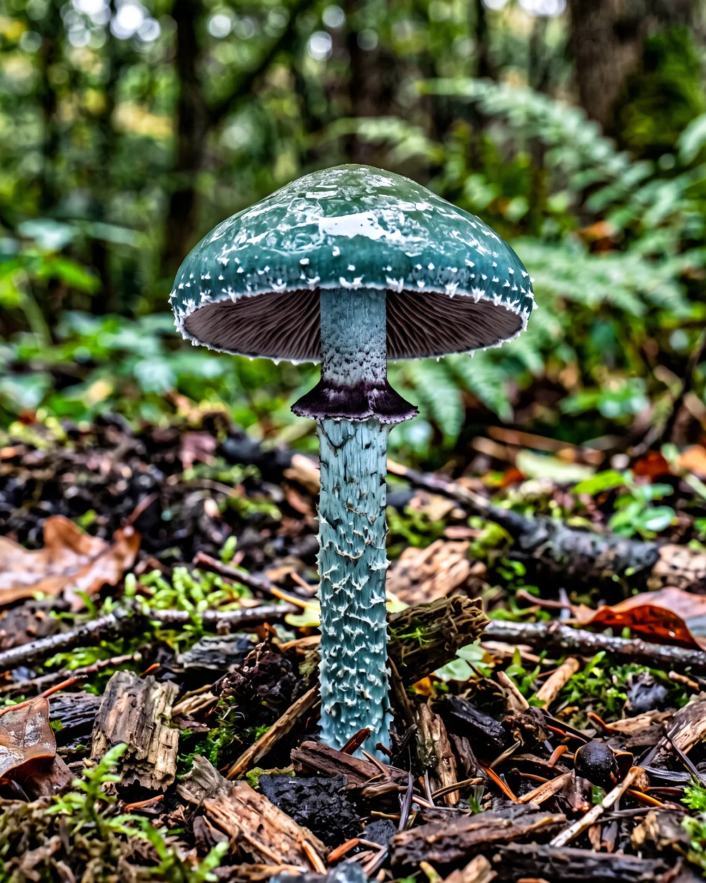 Strophaire vert-de-gris, chapeau bleu-vert gluant à flocons blancs