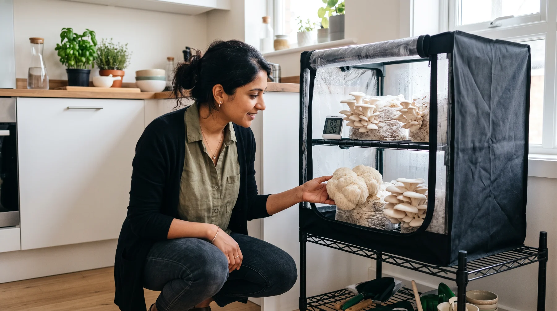 Une femme vérifie les pleurotes et la crinière de lion qui poussent dans une petite tente de culture installée dans sa cuisine