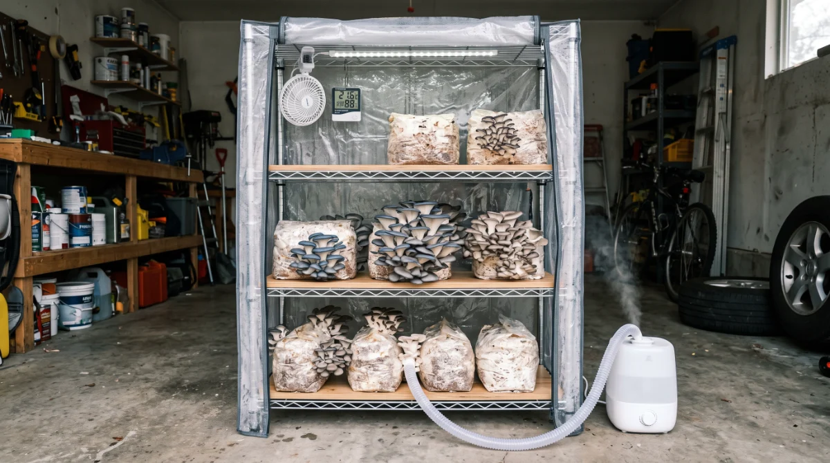 Tente de culture fabriquée maison à partir d'une mini-serre à quatre étagères, avec humidificateur, ventilateur et réglette LED