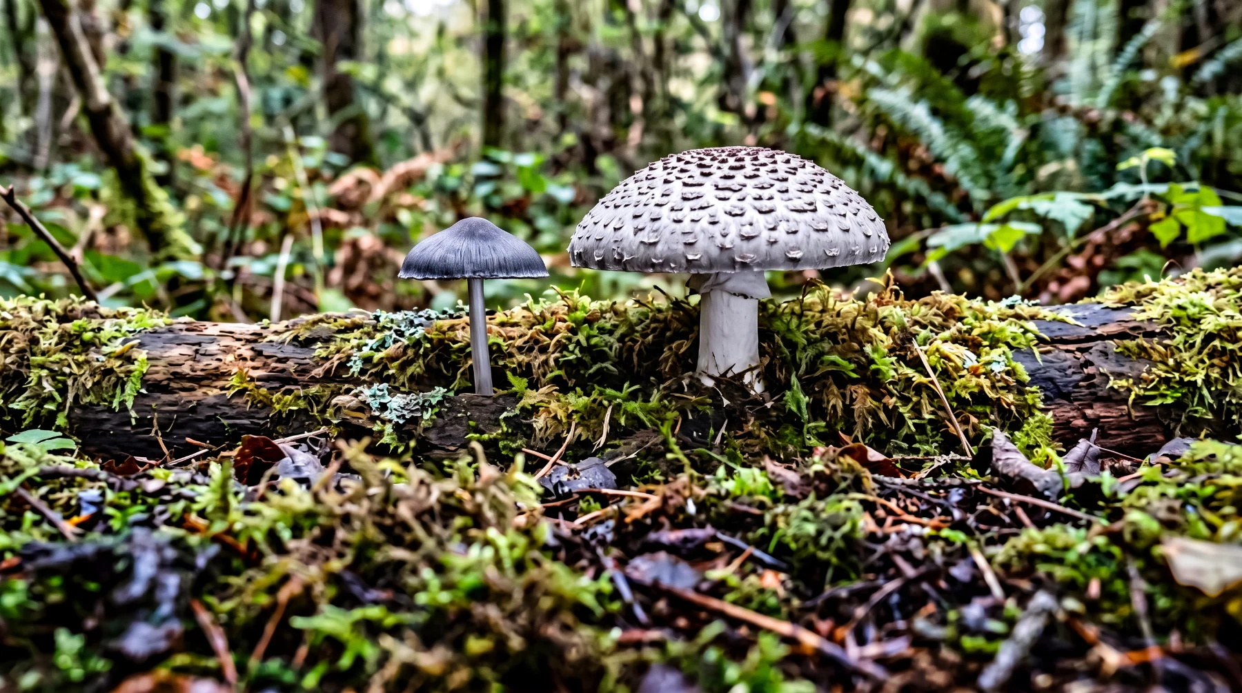 Un petit tricholome terreux à gauche et un gros tricholome tigré à écailles à droite, posés sur un tronc moussu