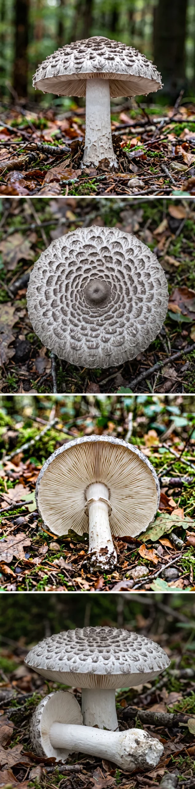 Quatre vues du tricholome tigré : le champignon entier, le chapeau et ses écailles en cercles, les lames blanches épaisses, la base massive du pied
